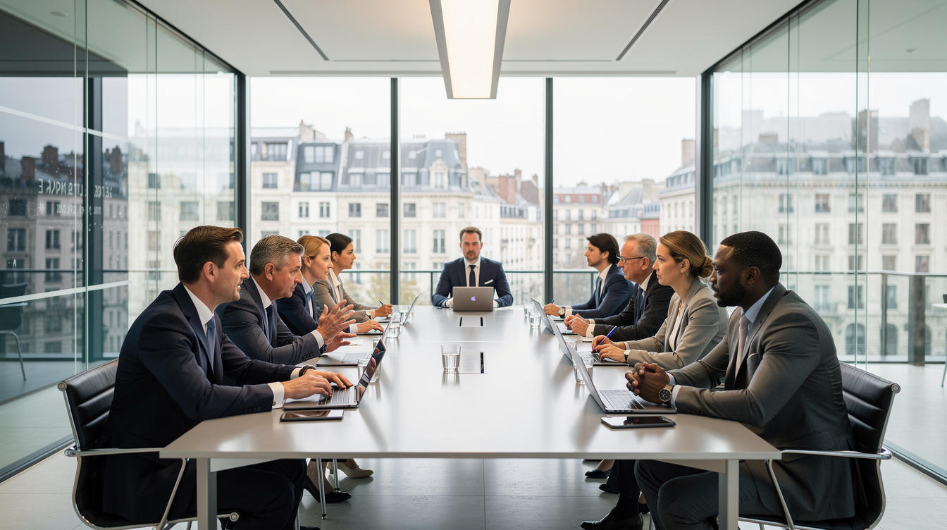 Executives in a modern boardroom meeting in Brussels